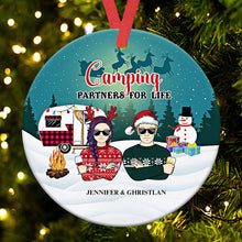 Camping Winter Christmas Couple Camping Partners For Life - Personalized Custom Circle Ceramic Ornament