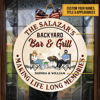 Backyard Bar & Grill - Personalized Round Wood Sign - Birthday Gift For Couple, Husband, Wife, Parents, Dog Lovers