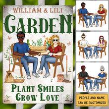 Gardening Couple Plant Smiles Grow Love - Gift For Garden Lovers - Personalized Custom Classic Metal Signs - Garden Signs
