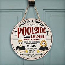 Poolside Neighbors Listen To Good Music - Swimming Pool Decor - Personalized Custom Wood Circle Sign