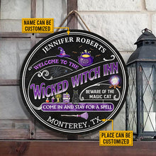 Witch Inn Black Cat Stay For A Spell Black Custom Wood Circle Sign, Witch Decor, Witchy, Goth, Witch Sign, Halloween Sign, Halloween Gift