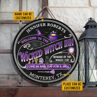 Witch Inn Black Cat Stay For A Spell Black Custom Wood Circle Sign, Witch Decor, Witchy, Goth, Witch Sign, Halloween Sign, Halloween Gift