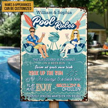 Pool Rules Swim At Your Own Risk Grilling Couple Husband Wife - Backyard Sign - Personalized Custom Classic Metal Signs