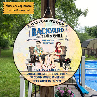 Swimming Poolside Family Couple Listen To The Good Music - Pool Sign - Personalized Custom Classic Door Signs