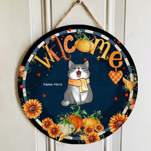 Welcome Door Signs, Fall Gifts For Cat Lovers, Fall Flowers Custom Wooden Signs , Cat Mom Gifts