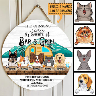 Camping Signs, Gifts For Pet Lovers, Proudly Serving Whatever You Brought, Green Mountain & Yellow Camping Van