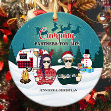 Camping Winter Christmas Couple Camping Partners For Life - Personalized Custom Circle Ceramic Ornament