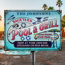 Personalized Pool Grilling Backyard At Your Own Risk Pink Blue Custom Classic Metal Signs