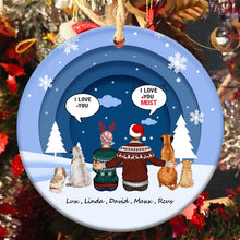Personalized Ceramic Ornament, Christmas Couple Sitting Together Conversation, Gift For Couple, Husband, Wife, Dog Lovers