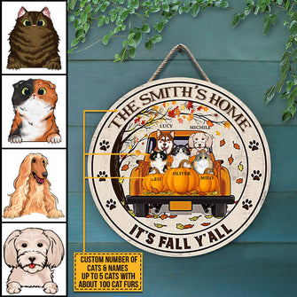 Cat Dog Lovers It's Fall Y'all Custom Wood Circle Sign, Personalized Pet Sign, Fall Sign