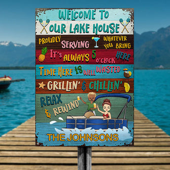 Lake House Pontoon Time Here Is Well Wasted - Personalized Custom Classic Metal Signs