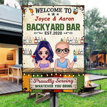 Summer Doll Couple Welcome To Backyard Bar Personalized Metal Sign