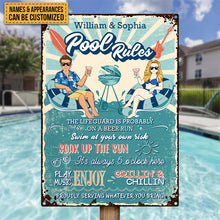 Pool Rules Swim At Your Own Risk Grilling Couple Husband Wife - Backyard Sign - Personalized Custom Classic Metal Signs