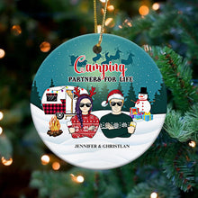 Camping Winter Christmas Couple Camping Partners For Life - Personalized Custom Circle Ceramic Ornament