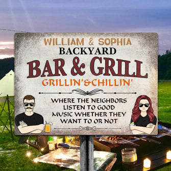 Backyard Bar & Grill Listen To Good Music Husband Wife - Personalized Custom Classic Metal Signs