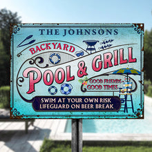 Personalized Pool Grilling Backyard At Your Own Risk Pink Blue Custom Classic Metal Signs