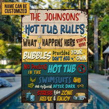Hot Tub Rules What Happens Here Custom Classic Metal Signs, Hot Tub Decorating Ideas
