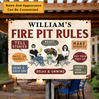 Family Fire Pit Rules - Personalized Metal Sign - Home Decor Gift Barbecue Outdoor Home Decor Gift For Family, Husband, Wife, Parents, Friends